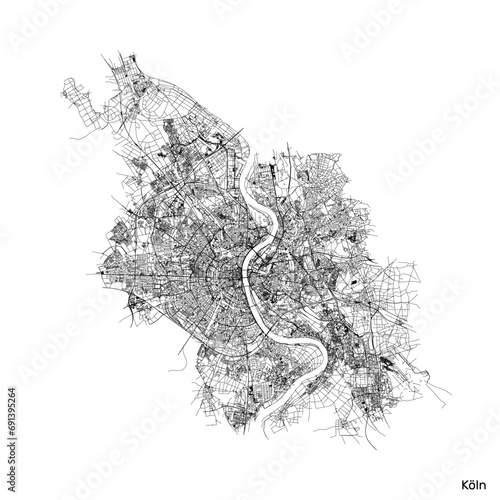 Cologne city map with roads and streets, Germany. Black and white. Vector outline illustration.
