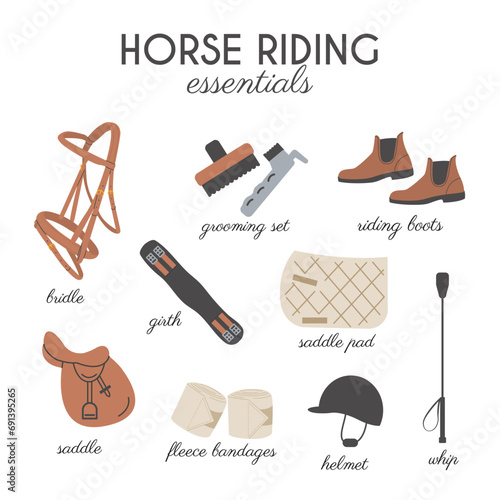 Horse riding essentials trendy square card. Equestrian Equipment vector infographic educational card. Tack and Gear Icons in Trendy Modern Style. Equine Sports Hand Drawn Illustrations. 
