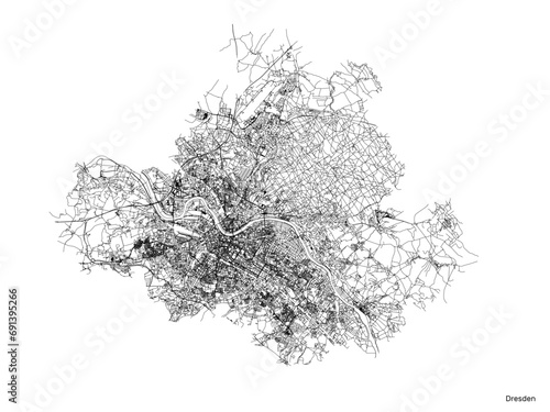 Dresden city map with roads and streets, Germany. Black and white. Vector outline illustration.