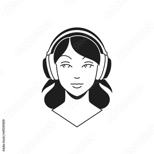 Y2k woman portrait in headphones DJ music cyber gaming monochrome line retro groovy icon vector