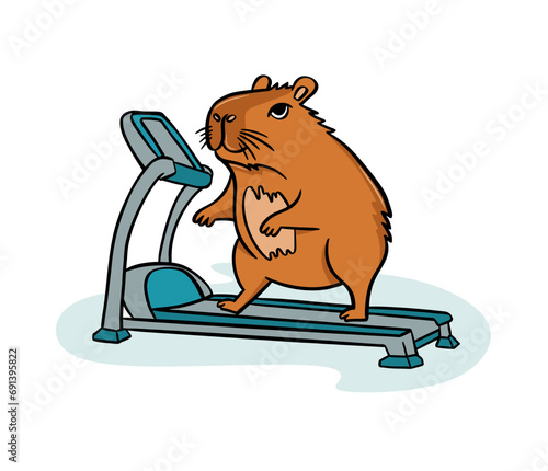 A cute capybara on a treadmill. Vector illustration flat style