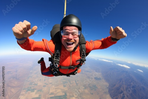 An adventurous man taking the plunge into the sky through skydiving
