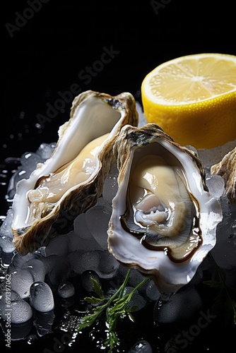 Delicious raw oysters served on ice photo