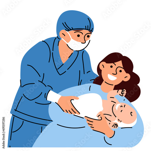 Midwife or a doctor with a newborn. Female nurse, doctor or midwife in a uniform wearing a medical mask hands the baby over to the mother. Holding a newborn baby in her arms in a hospital vector