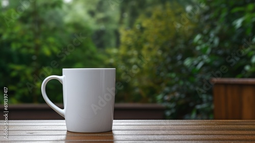 Front white mug resting on a garden table