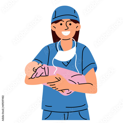 A midwife or a doctor with a newborn. A woman nurse, doctor or midwife smiles in a blue uniform, standing holding a newborn girl in her arms in a maternity hospital vector illustration. Baby