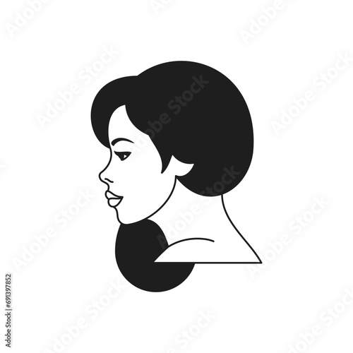 Y2k fashion beautiful woman portrait profile head hairstyle monochrome line retro groovy icon vector © provectors