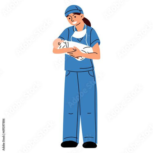 Midwife, doctor with the concept of a newborn. Woman nurse, doctor or midwife smiles in a blue uniform, standing tall, holding a newborn baby in her arms and looking at him in a hospital vector