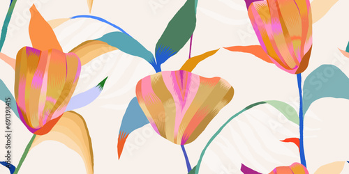 Modern abstract artistic flowers pattern. Bohemian botanical contemporary seamless pattern. Hand drawn unique print.