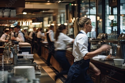 waiters and motion chefs of a restaurant kitchen photo