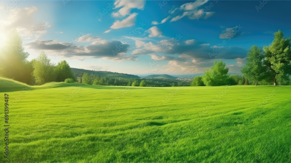 Fototapeta premium Beautiful blurred background image of spring nature with a neatly trimmed lawn surrounded by trees against a blue sky with clouds on a bright sunny day.