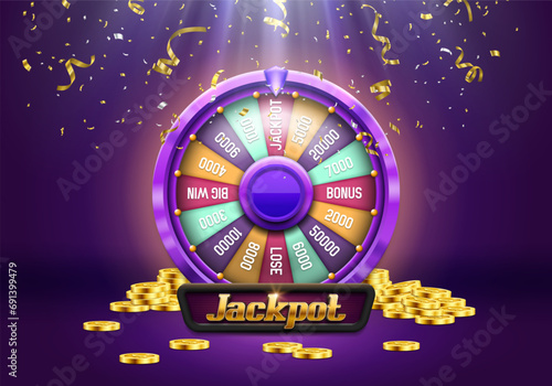 Wheel of fortune. Spinning lucky roulette with confettii and coins on a bright glowing background. Vector illustration.