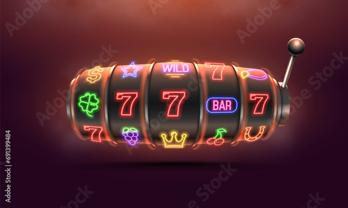 Slot machine. Neon gaming symbols on slot machines. Vector illustration. photo