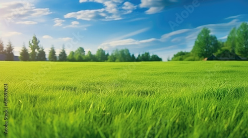 Beautiful blurred background image of spring nature with a neatly trimmed lawn surrounded by trees against a blue sky with clouds on a bright sunny day.
