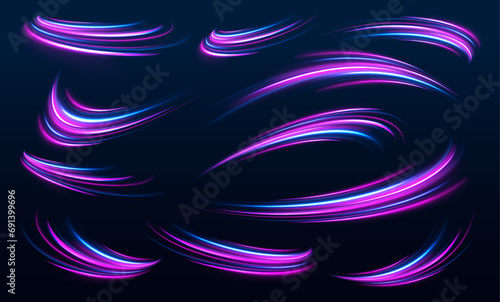 Speed line with sports cars. Long exposure of motorways as speed. Neon spiral lines in yellow blue and purple colors. Technology stream design illustration.	