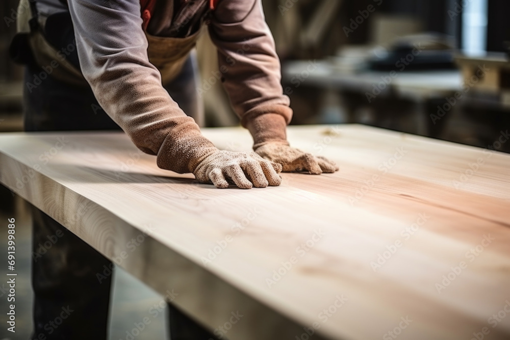 Craftsperson inspects wood on a workbench. The concept is craftsmanship in woodwork.