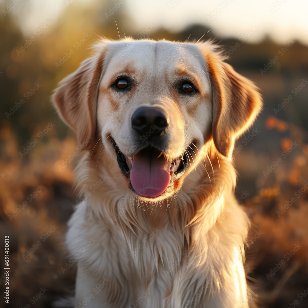 Labrador Retriever dog portrait in a sunny summer day. Closeup portrait of a Labrador Retriever dog in the field. Outdoor Portrait of a beautiful Labrador Retriever dog in summer field. AI generated