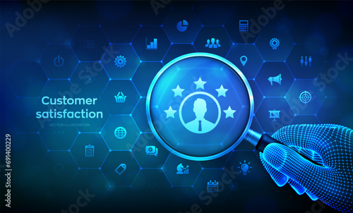 Customer satisfaction. Customer survey, feedback analytics concept with magnifier in wireframe hand and icons. Using AI and automation technology in marketing for customer service. Vector illustration