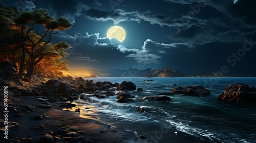 Night photo of beach with full moon