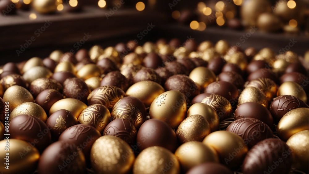 Wallpaper fatto con uova di cioccolata decorate con cioccolata al latte e oro Wallpaper fatto con uova di cioccolata decorate con cioccolata al latte e oro