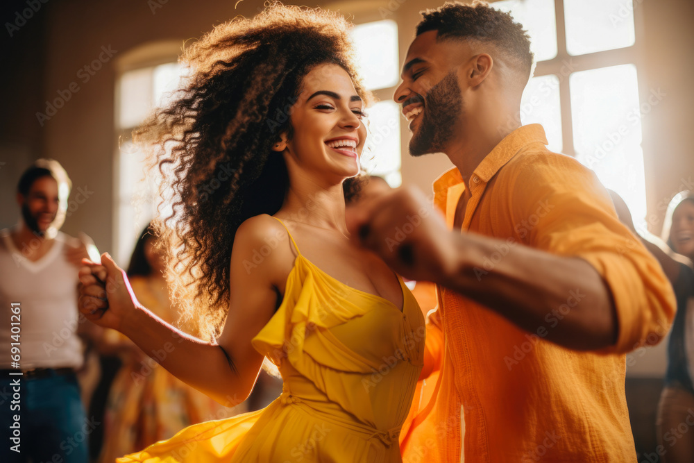 Afro american and caucasian dancers dancing in the dancing school, smiling. Relaxed atmosphere, couples teaching how to dance with instructor. - obrazy, fototapety, plakaty 