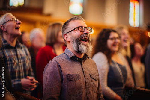 Caucasian man singing in the church. Gospel singer singing. Joyful devotion, faith and belief in God religion concept. photo