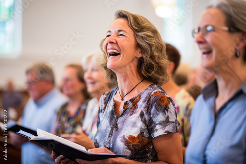 Caucasian woman singing in the church. Gospel singer singing. Joyful devotion, faith and belief in God religion concept. photo