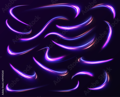 Abstract energy in the form of stripe, arc, curl and zigzag in neon colors with light effect. и Acceleration speed motion on night road. Bright sparkling background.	