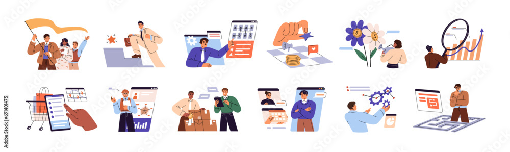 Business concept set. People work in corporate team, employee achieve success, manager solve problems. Leadership strategy, financial analysis, management. Flat isolated vector illustrations on white - obrazy, fototapety, plakaty 
