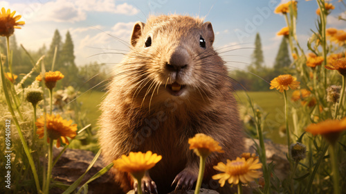 A High-fidelity Portrayal of a Groundhog Natural Beauty and Features Groundhog Day. Generative AI © Gennie Fx