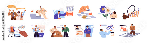 Business concept set. People work in corporate team, employee achieve success, manager solve problems. Leadership strategy, financial analysis, management. Flat isolated vector illustrations on white