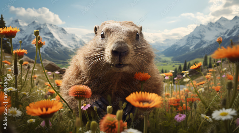 A High-fidelity Portrayal of a Groundhog Natural Beauty and Features Groundhog Day. Generative AI - obrazy, fototapety, plakaty 