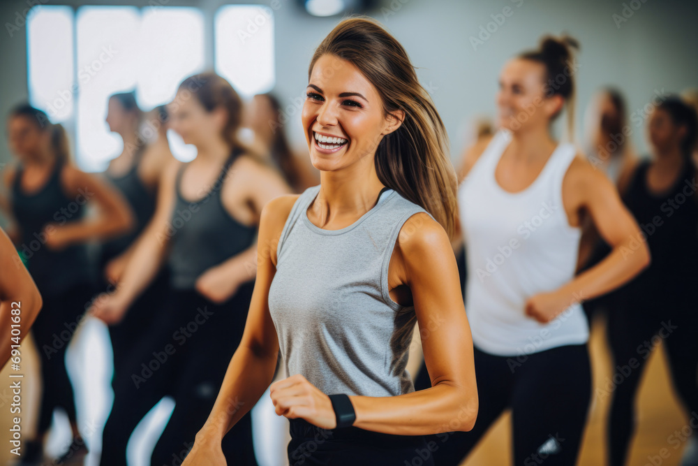 Dancing classes with instructor. Aerobics with beautiful instructions. Group of females working out, dancing, recreation.