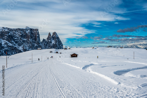 The largest high altitude plateau in Europe in winter. Snow and winter atmosphere on the Alpe di Siusi. Dolomites. © Nicola Simeoni