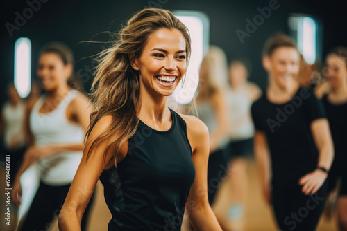 Dancing classes with instructor. Aerobics with beautiful instructions. Group of females working out, dancing, recreation.