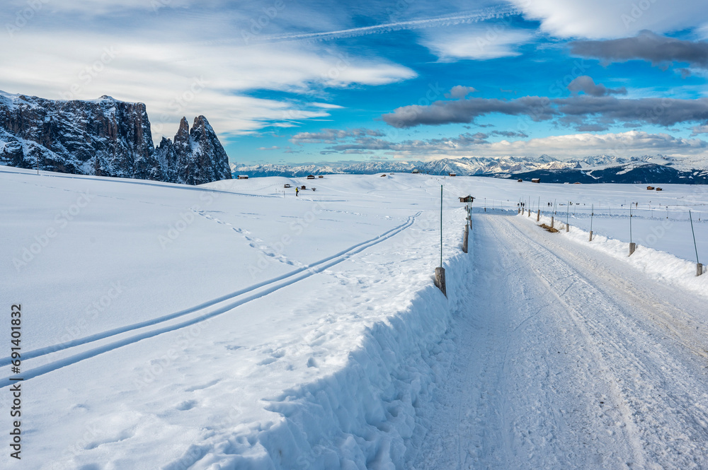 The largest high altitude plateau in Europe in winter. Snow and winter atmosphere on the Alpe di Siusi. Dolomites. The largest high altitude plateau in Europe in winter. Snow and winter atmosphere on the Alpe di Siusi. Dolomites.