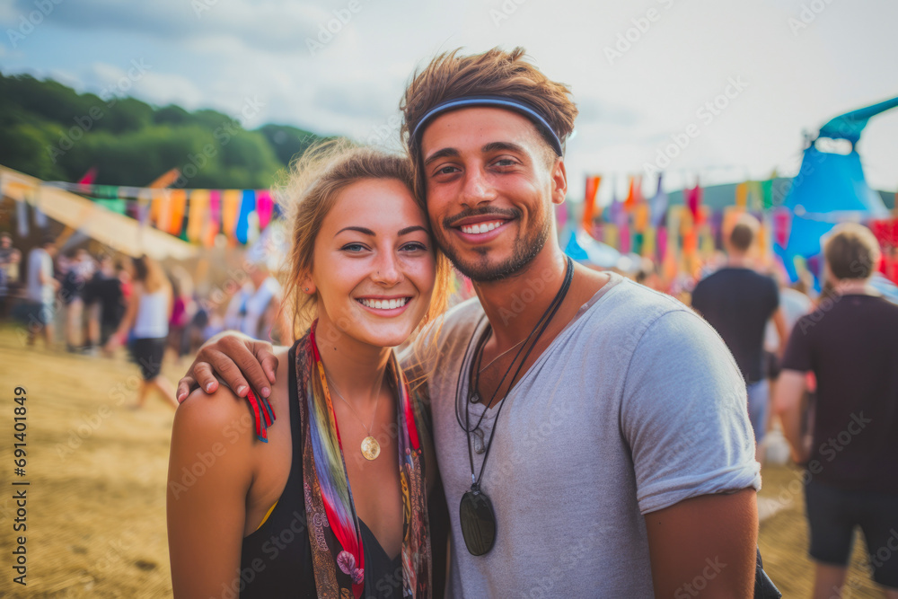 Group of friends, couples enjoying vacation at festival. Happy young hippie friends, hipsters. Young people enjoying a day at music festival Group of friends, couples enjoying vacation at festival. Happy young hippie friends, hipsters. Young people enjoying a day at music festival
