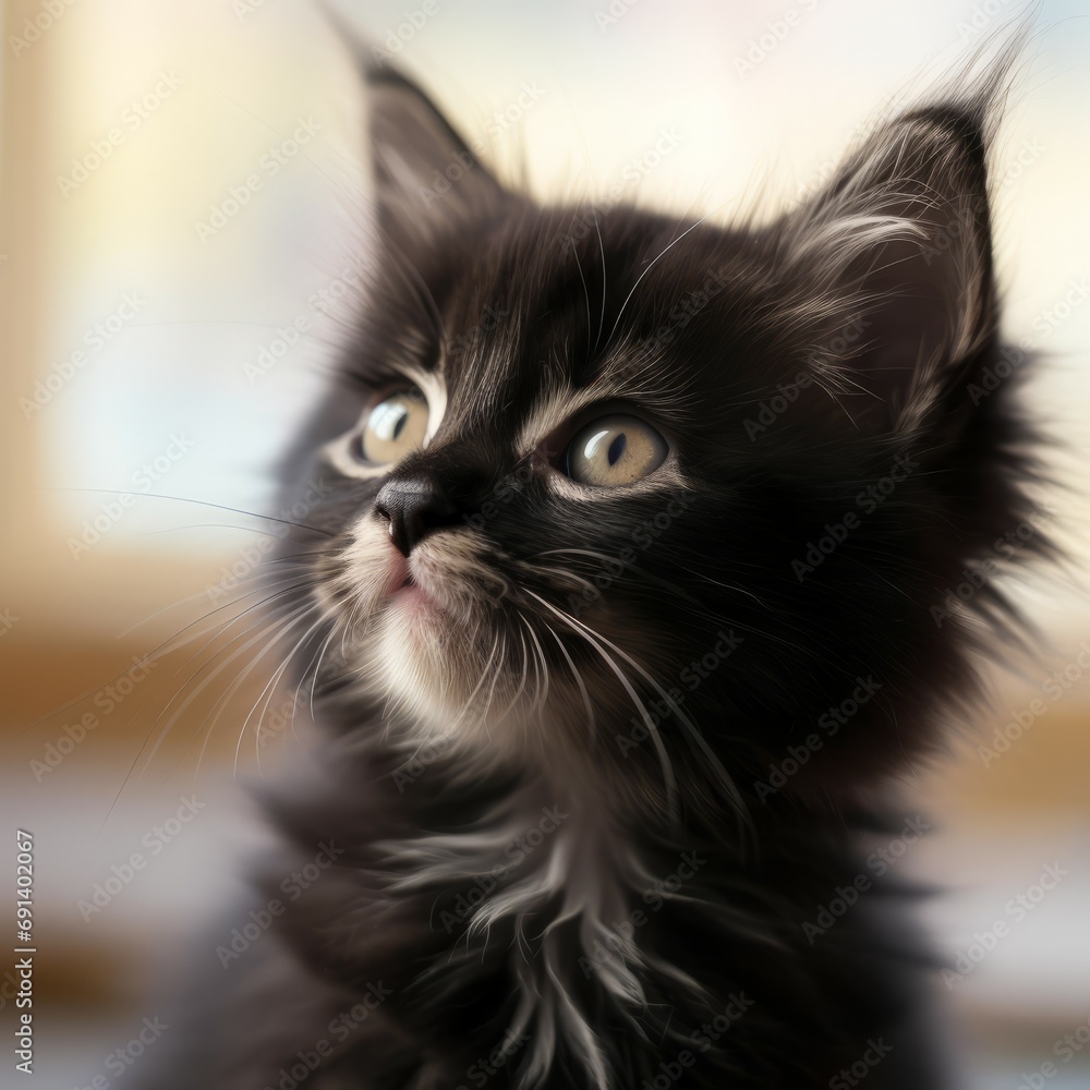 Portrait of a black Ragamuffin kitten looking to the side. Closeup face of a cute Ragamuffin kitty at home. Portrait of a little cat with thick black fur sitting in a light room beside a window.