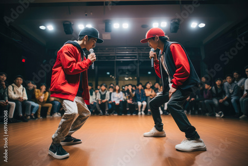 Adult male afro american rapper, hip-hop dancers having a battle. Ghetto life. Hip-hop style. photo