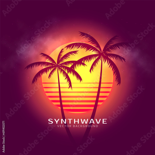 80s futuristic landscape concept. Sunset with palm trees. Vector illustration.