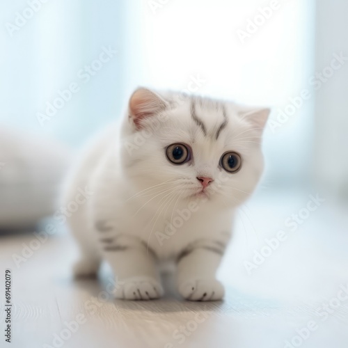 Portrait of a white Scottish Fold kitten looking to the side. Portrait of a cute little Scottish fold kitty with sleek white fur standing in a light room beside a window. Beautiful small cat at home.