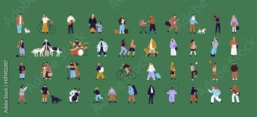 Tiny people set. Characters walking dog in city. Kids skateboarding, friends cycling, play ball on street. Couples running, go sport. Men with musical instruments. Flat isolated vector illustration