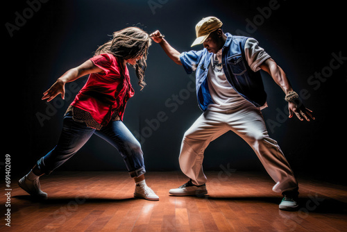 Adult male and female hip-hop couples dancing at practice  smiling being happy. Youth culture  movement  style and fashion  action  breakdance.