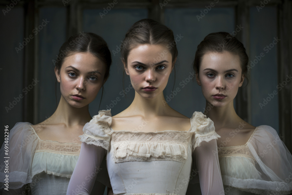 Naklejka premium Portrait young girls of ballet dancers. Eating disorders at ballerinas, depression. Upset girls.