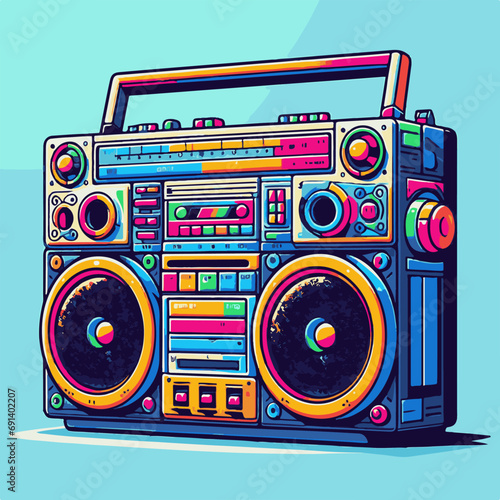 Boombox. Colorful stereo recorder for listening radio music on tape cassette Vector illustration in flat style. photo