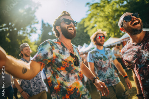 Male friends dancing to the music. Happy young hippie friends, hipsters. Young people enjoying a day at music festival photo