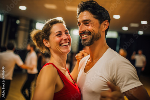 Recreation for couples, dancing classes. Mixed race woman and man spending quality time together. Preparing for wedding dance, first dance.