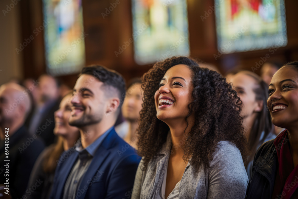 Fototapeta premium Afro american man singing in the church. Gospel singer singing. Joyful devotion, faith and belief in God religion concept.