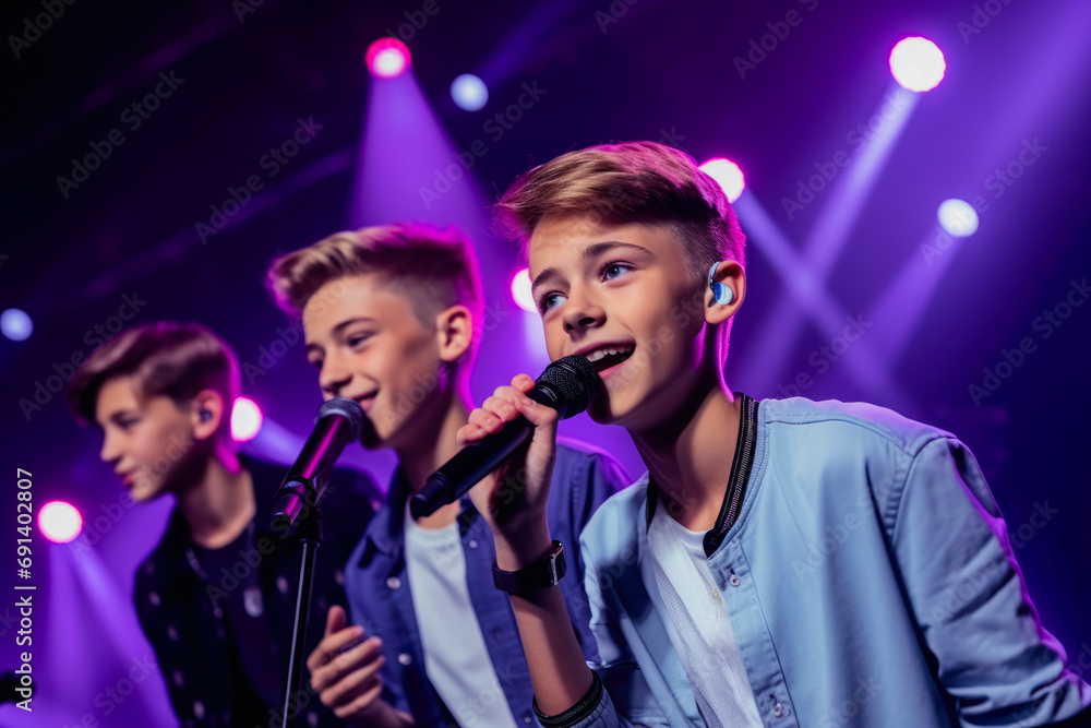 Teenage boy band singing into a microphone in a nightclub. Big pop star at the concert, karaoke. Audition for young pop stars. Teenage boy band singing into a microphone in a nightclub. Big pop star at the concert, karaoke. Audition for young pop stars.