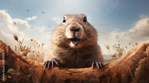 A High-fidelity Portrayal of a Groundhog Natural Beauty and Features Groundhog Day. Generative AI